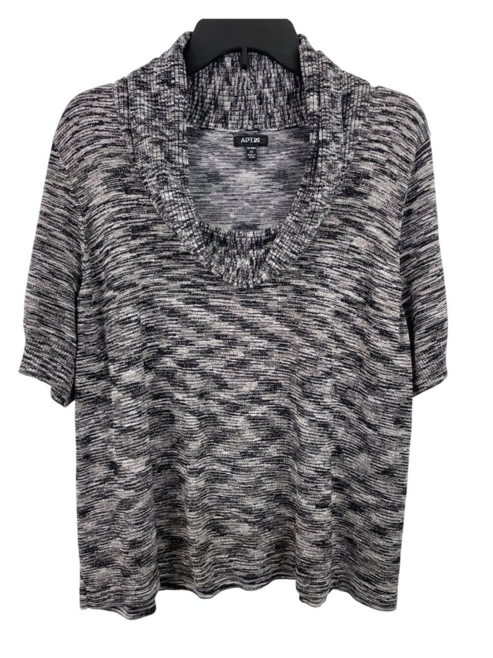 APT. 9 Womens 2X Metallic Knit Short Sleeve Cowl Neck Sweater Gray Black Gold